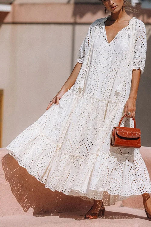 White Eyelet Tassels Tiered Maxi Dress - Omychic