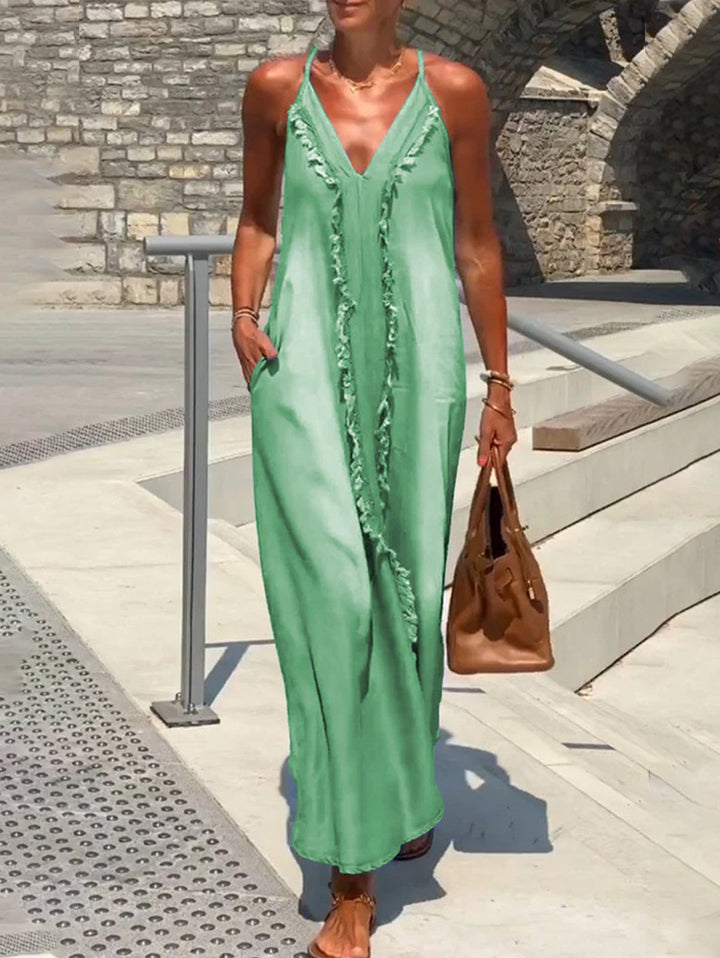 Raw Edge V Neck Pocket Maxi Dress Sleeveless - Omychic