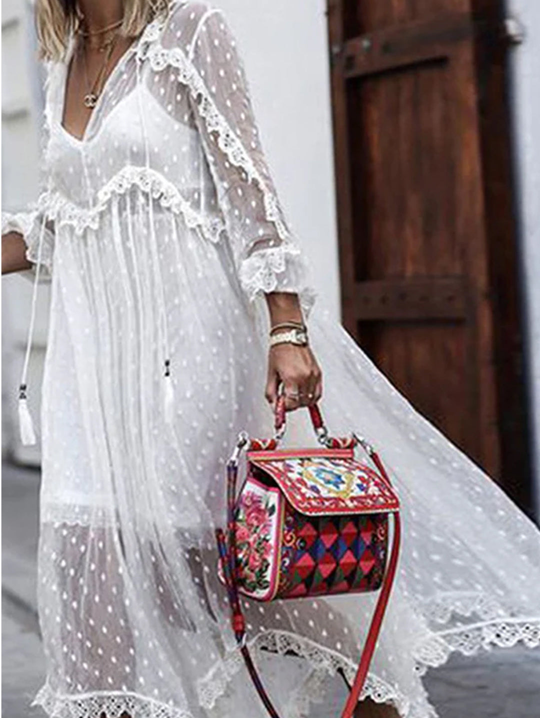 White Jacquard Polka Dot See-through Maxi Dress Long Sleeve - Omychic