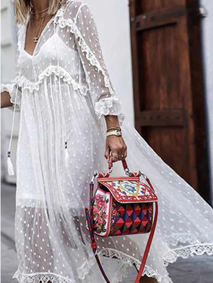 White Jacquard Polka Dot See-through Maxi Dress Long Sleeve - Omychic
