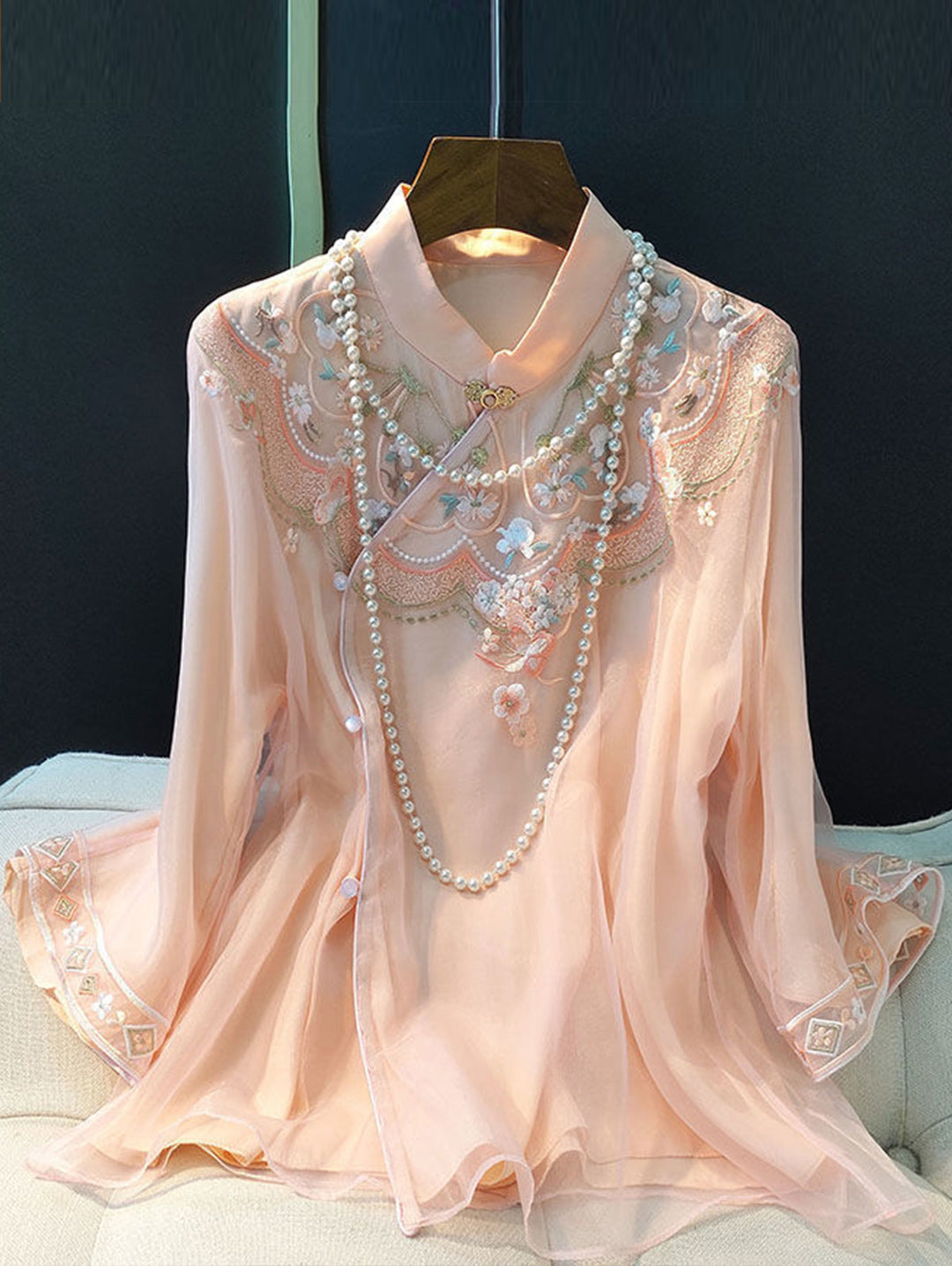 Elegant Lotus Pink Floral Embroidery Mock Neck Fog Button 3/4 Sleeve Loose Shirt - Omychic