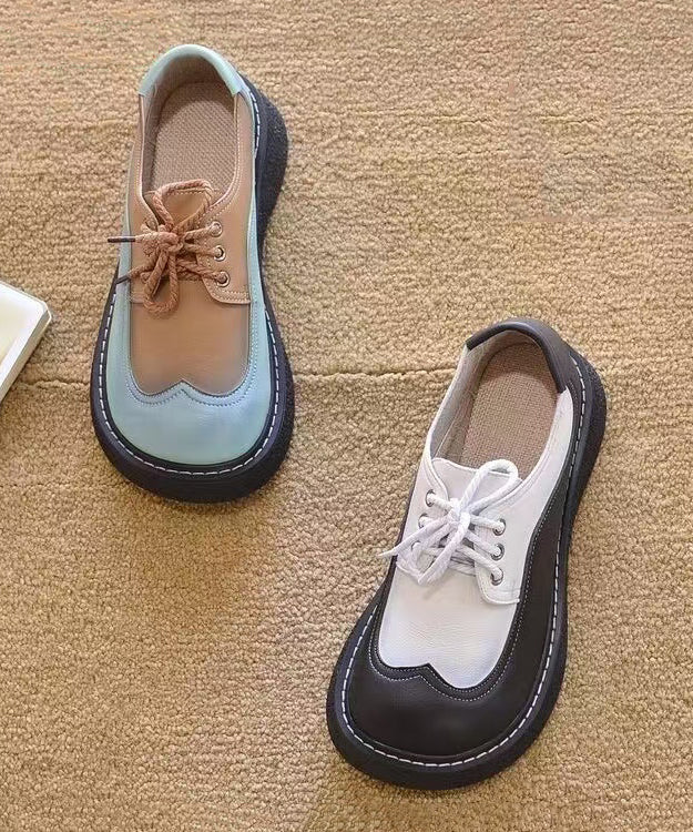 2025 Splicing Platform Flat Shoes Black White Faux Leather Lace Up - Omychic