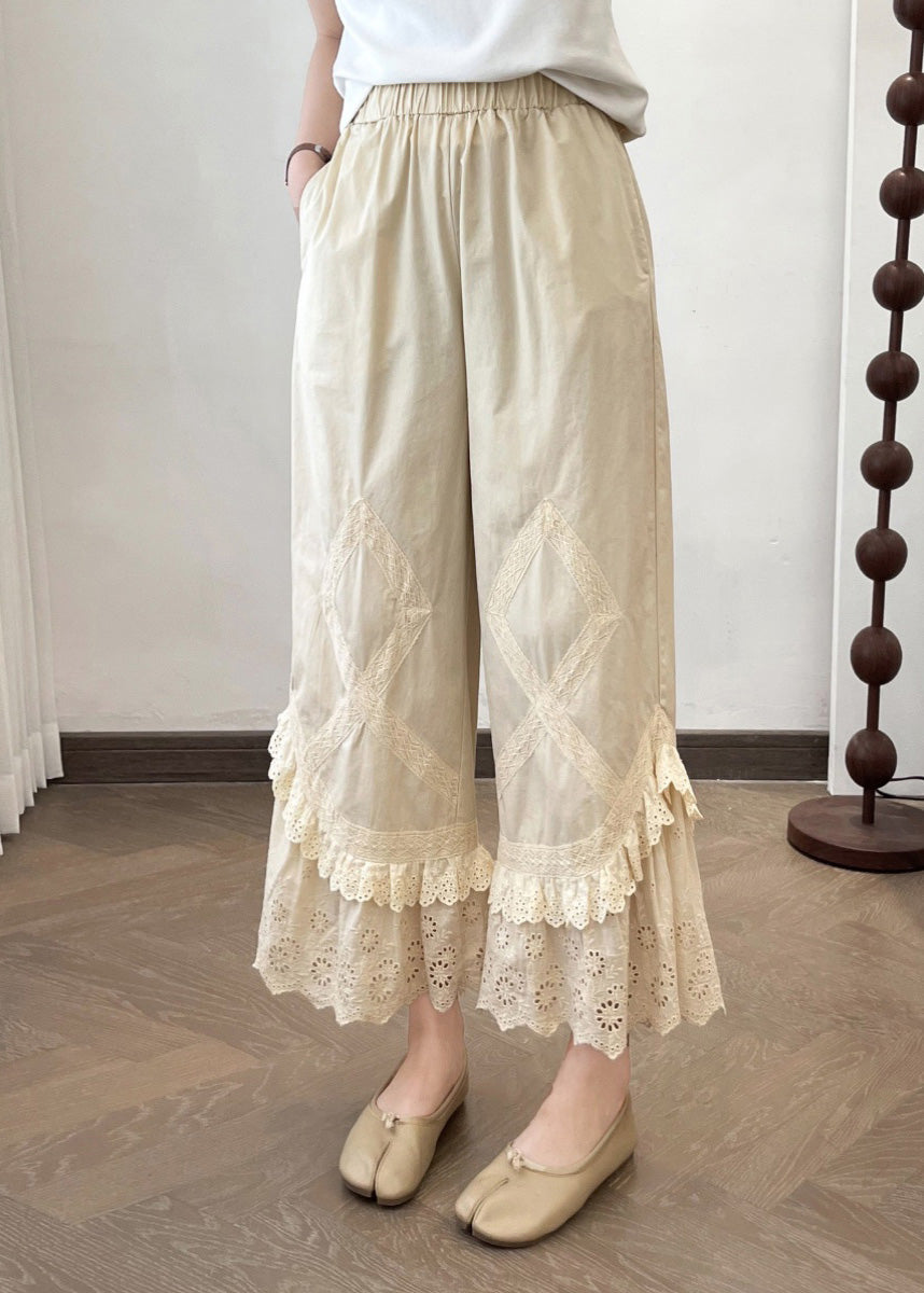 2025 Summer New Apricot Lace Splicing Wide Leg Pants - Omychic