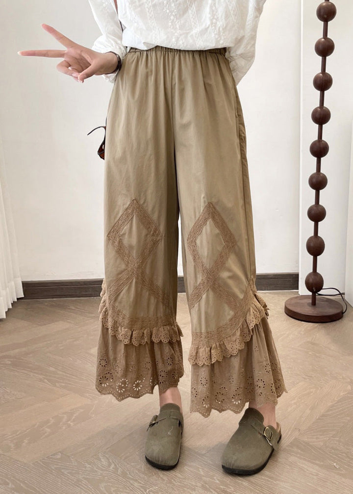 2025 Summer New Apricot Lace Splicing Wide Leg Pants - Omychic