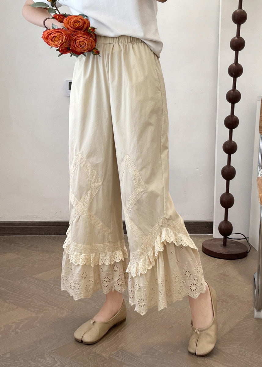 2025 Summer New Apricot Lace Splicing Wide Leg Pants - Omychic