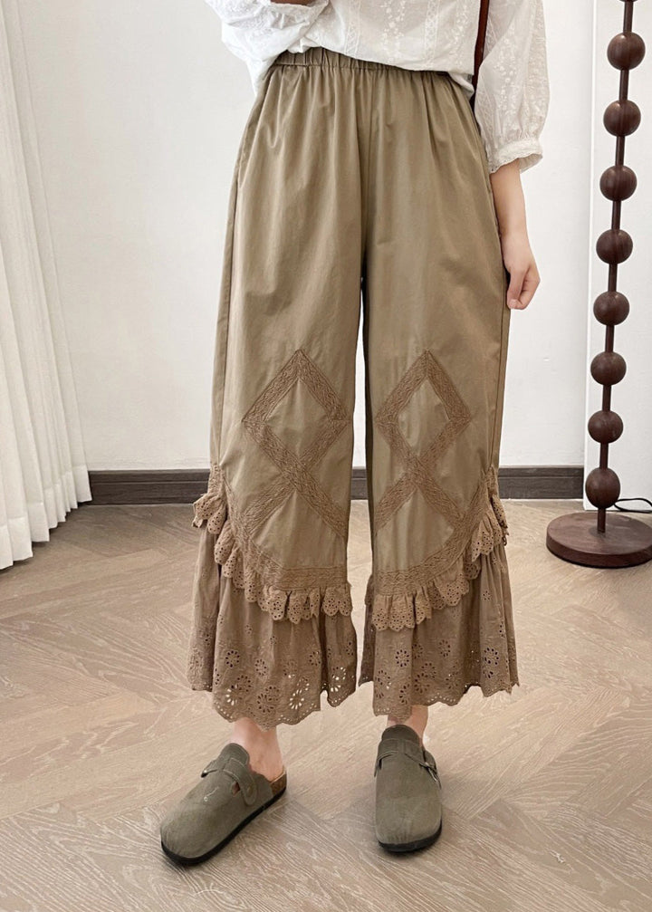 2025 Summer New Apricot Lace Splicing Wide Leg Pants - Omychic
