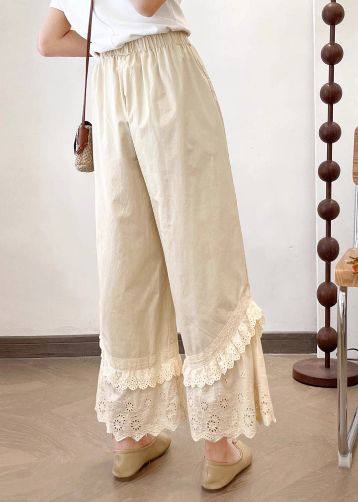 2025 Summer New Apricot Lace Splicing Wide Leg Pants - Omychic