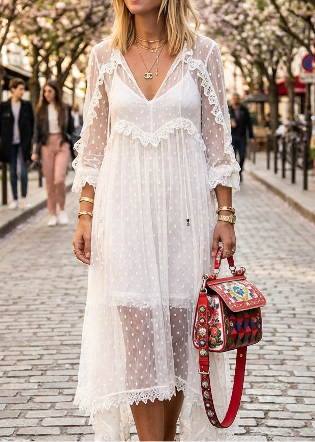 White Jacquard Polka Dot See-through Maxi Dress Long Sleeve - Omychic