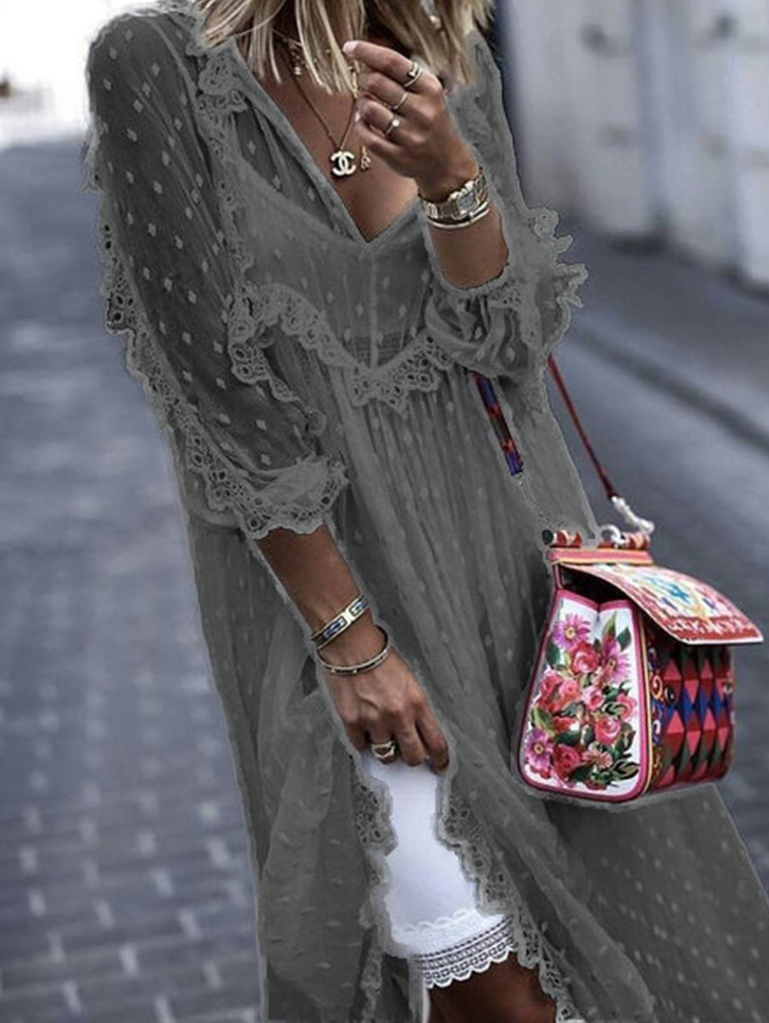 White Jacquard Polka Dot See-through Maxi Dress Long Sleeve - Omychic
