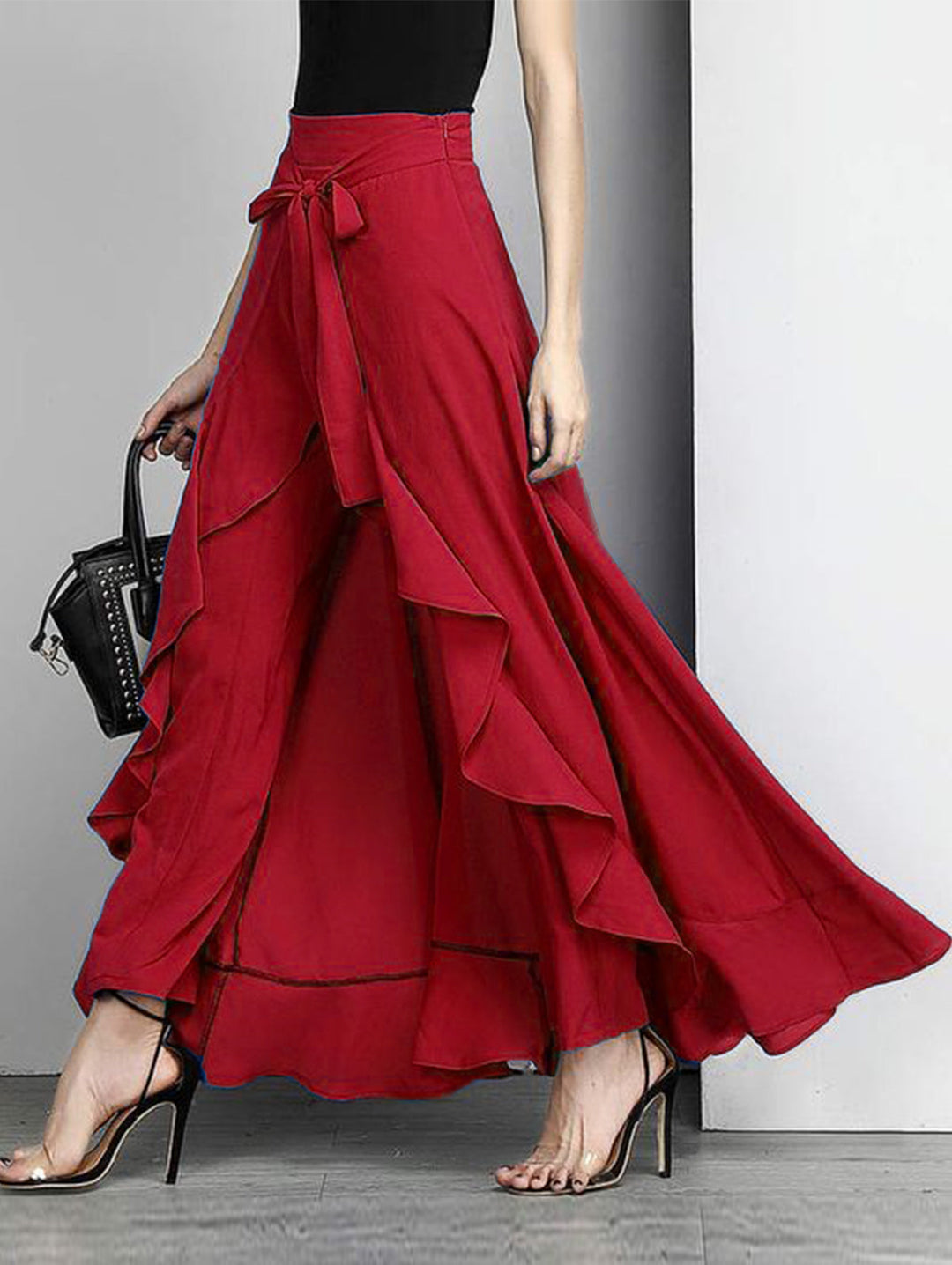 Elegant Grey Waist Spliced Ruffle Hem Straight Leg Skirt - Omychic