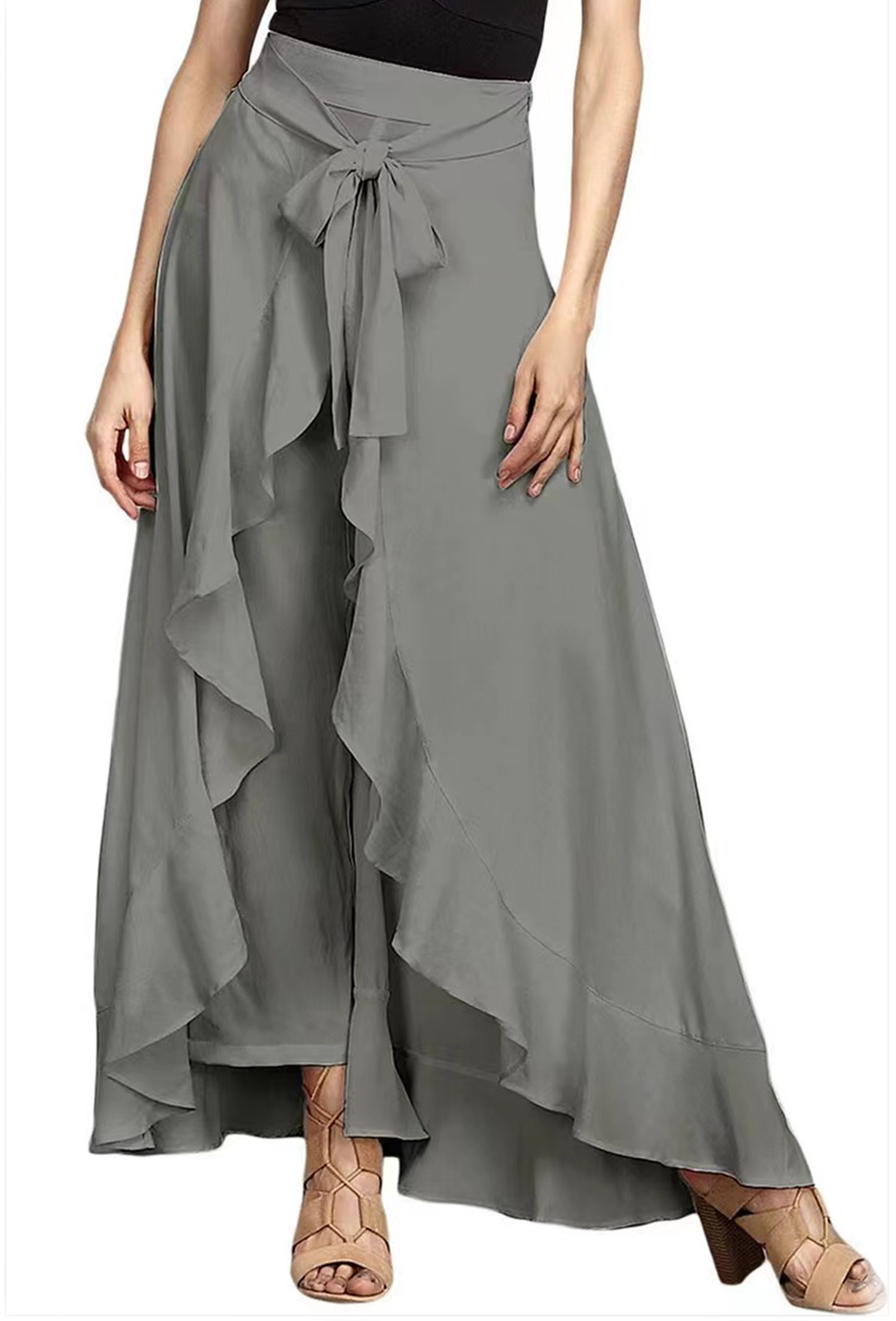 Elegant Grey Waist Spliced Ruffle Hem Straight Leg Skirt - Omychic