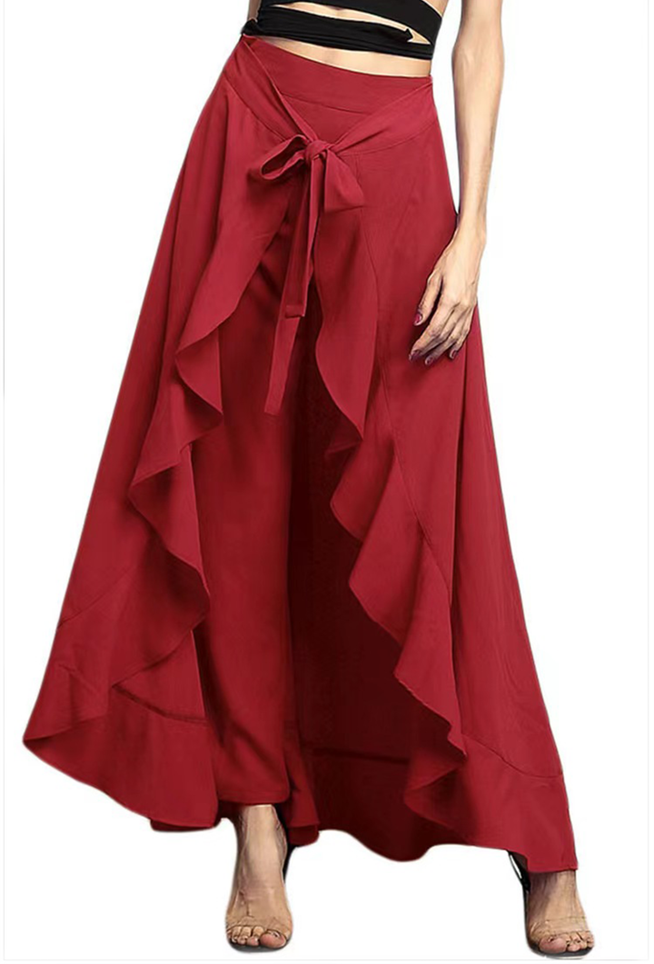 Elegant Grey Waist Spliced Ruffle Hem Straight Leg Skirt - Omychic