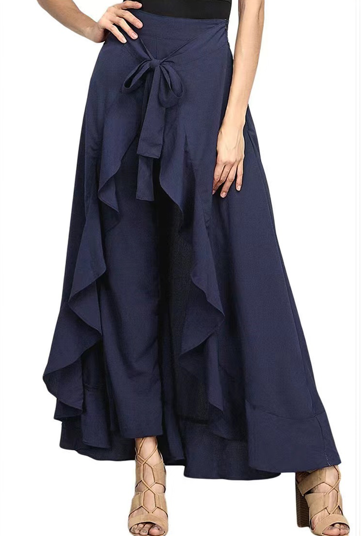 Elegant Grey Waist Spliced Ruffle Hem Straight Leg Skirt - Omychic