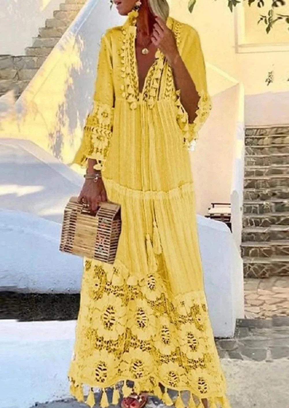 Loose Yellow Boho Deep V Neck Lace Fringe Maxi Dress - Omychic