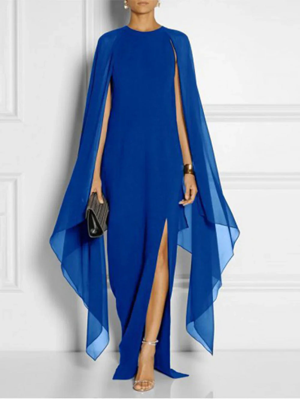 Elegant Thigh Split Hem Cloak Sleeve Maxi Dress - Omychic