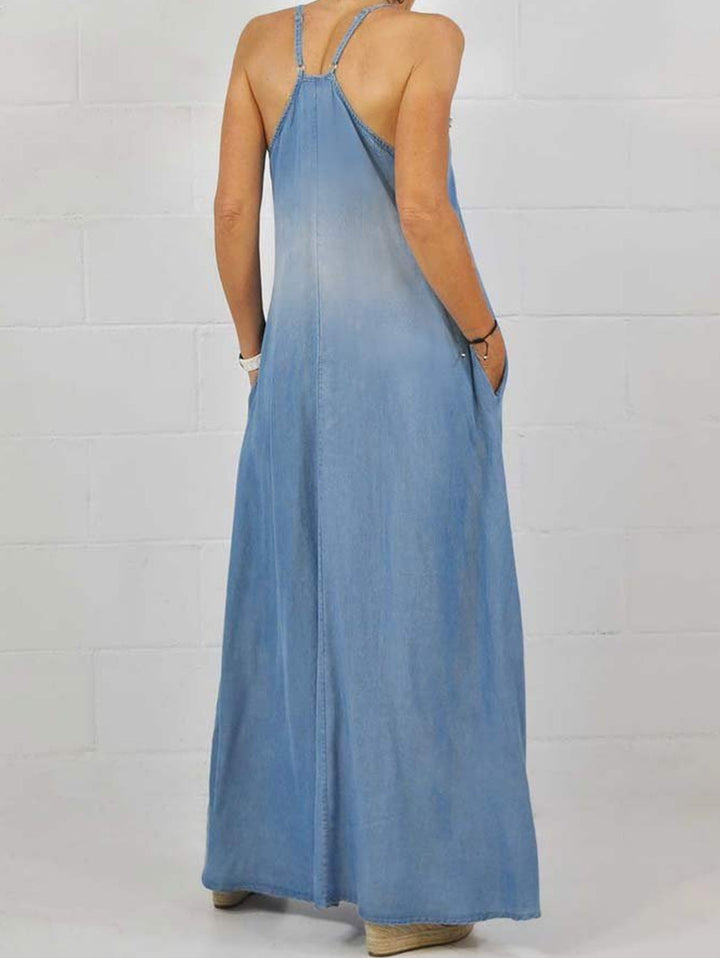 Raw Edge V Neck Pocket Maxi Dress Sleeveless - Omychic