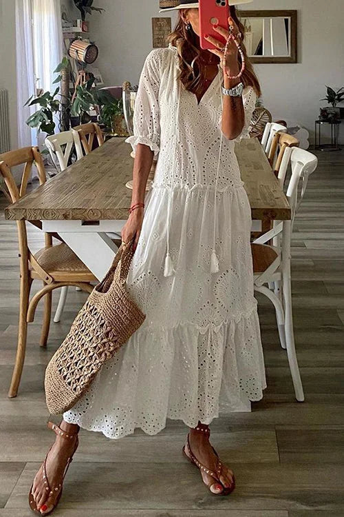 White Eyelet Tassels Tiered Maxi Dress - Omychic
