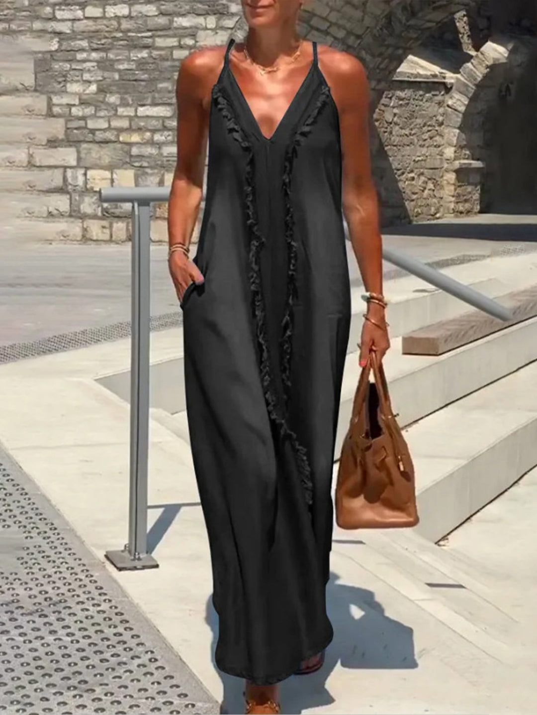 Raw Edge V Neck Pocket Maxi Dress Sleeveless - Omychic