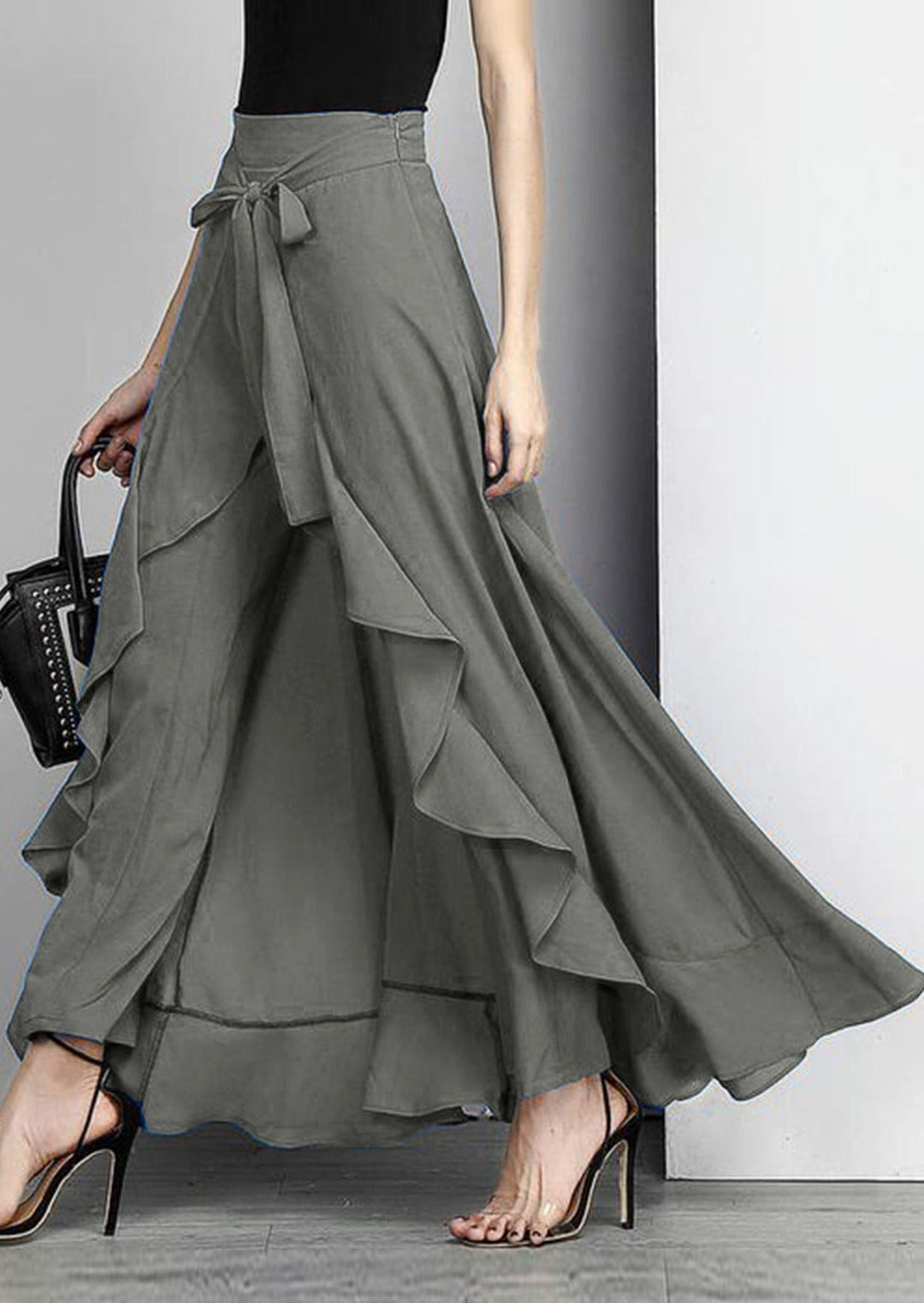 Elegant Grey Waist Spliced Ruffle Hem Straight Leg Skirt - Omychic