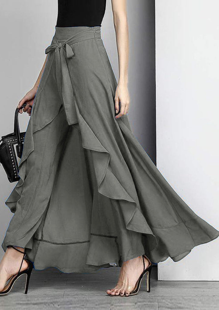 Elegant Grey Waist Spliced Ruffle Hem Straight Leg Skirt - Omychic