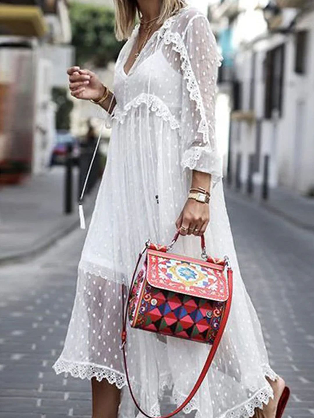 White Jacquard Polka Dot See-through Maxi Dress Long Sleeve - Omychic