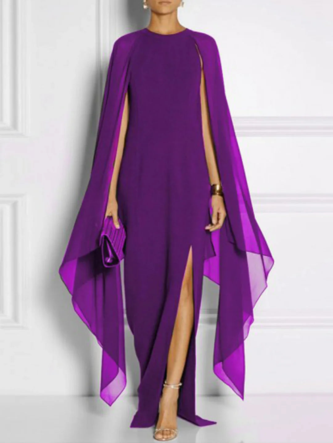 Elegant Thigh Split Hem Cloak Sleeve Maxi Dress - Omychic