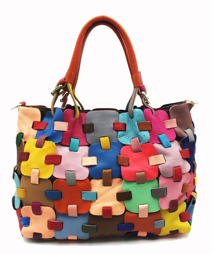 Beautiful Multicolour Patchwork Zippered Calf Leather Tote Handbag