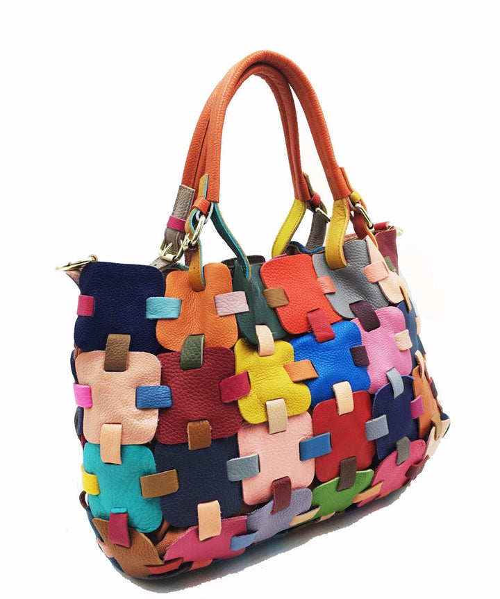 Beautiful Multicolour Patchwork Zippered Calf Leather Tote Handbag