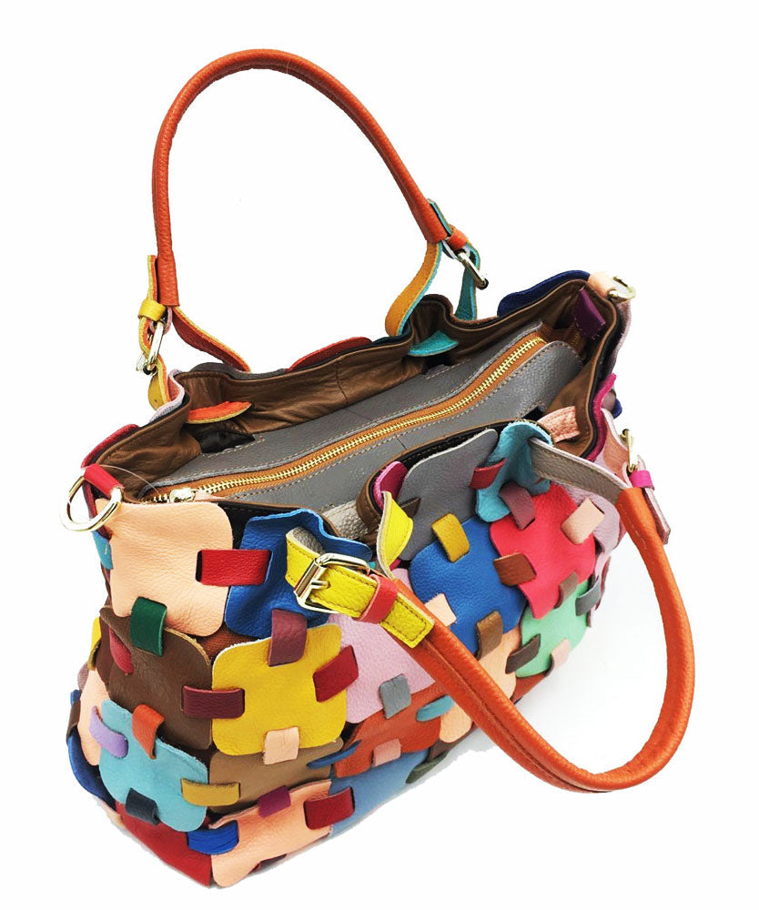 Beautiful Multicolour Patchwork Zippered Calf Leather Tote Handbag