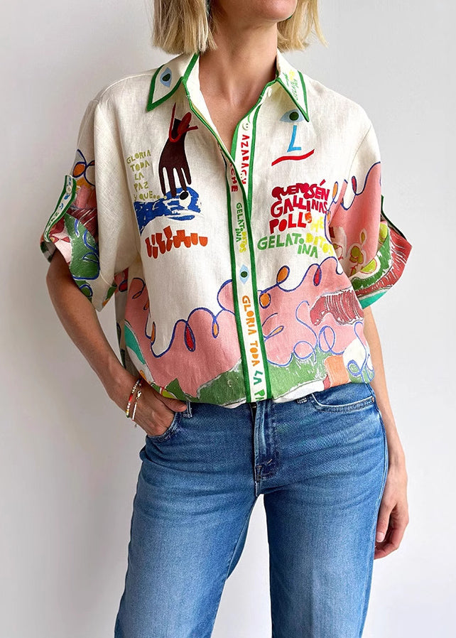 Beautiful Peter Pan Collar Graphic Print Linen Shirts Top Summer - Omychic