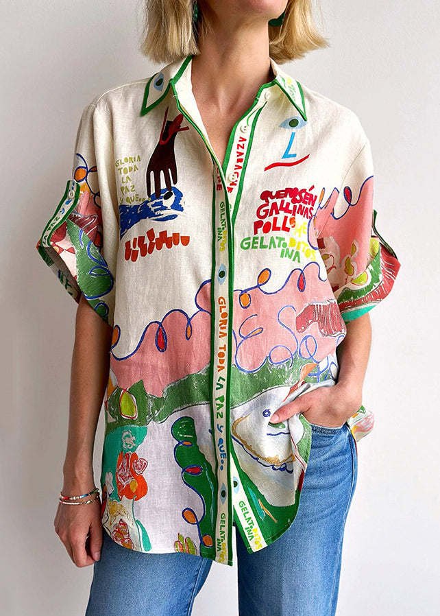 Beautiful Peter Pan Collar Graphic Print Linen Shirts Top Summer - Omychic