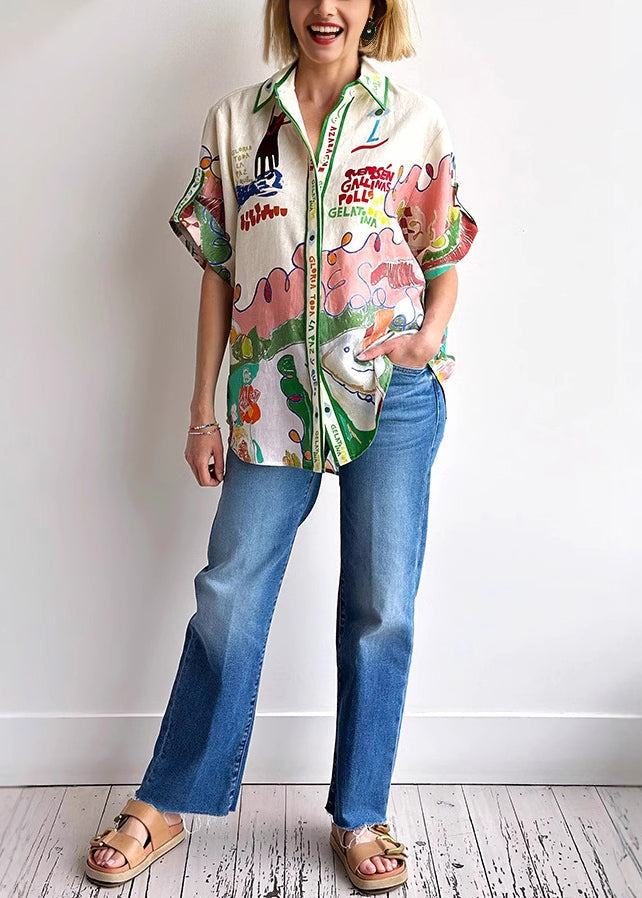 Beautiful Peter Pan Collar Graphic Print Linen Shirts Top Summer - Omychic