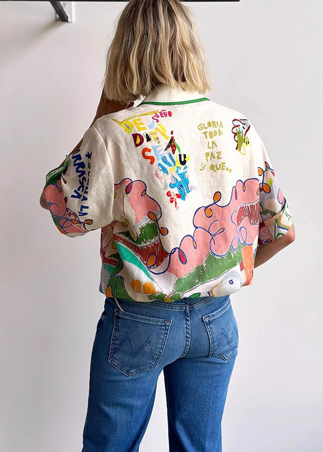 Beautiful Peter Pan Collar Graphic Print Linen Shirts Top Summer - Omychic