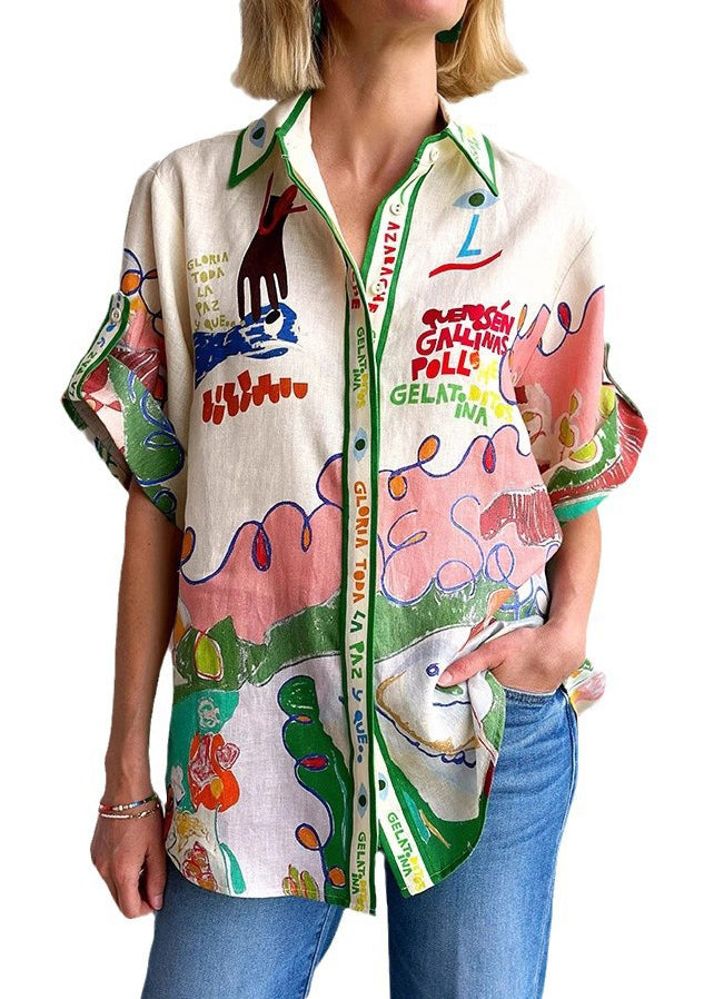 Beautiful Peter Pan Collar Graphic Print Linen Shirts Top Summer - Omychic