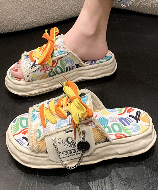 Beige Canvas Lace Up Doodle Splicing Platform Slide Sandals - Omychic