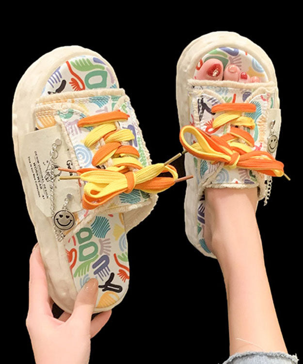 Beige Canvas Lace Up Doodle Splicing Platform Slide Sandals - Omychic