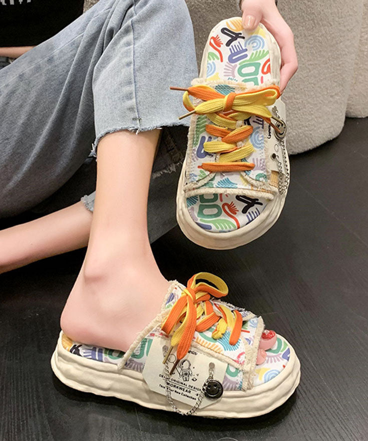 Beige Canvas Lace Up Doodle Splicing Platform Slide Sandals - Omychic