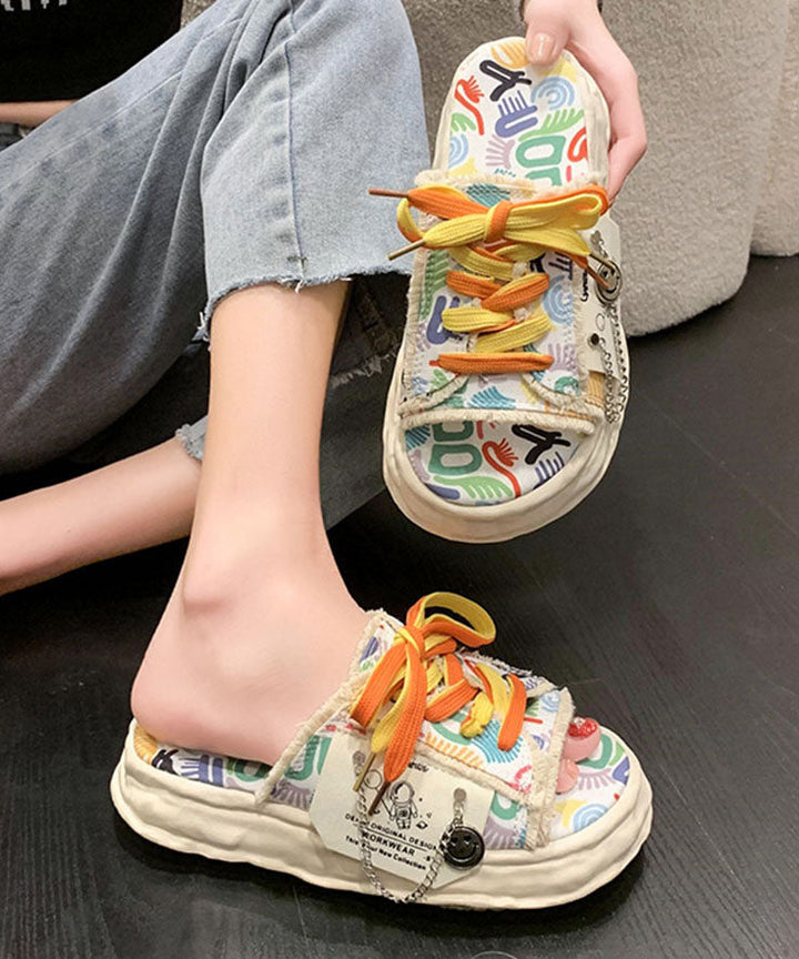 Beige Canvas Lace Up Doodle Splicing Platform Slide Sandals - Omychic