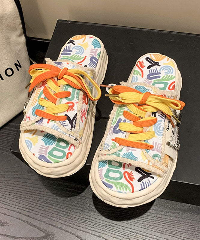 Beige Canvas Lace Up Doodle Splicing Platform Slide Sandals - Omychic
