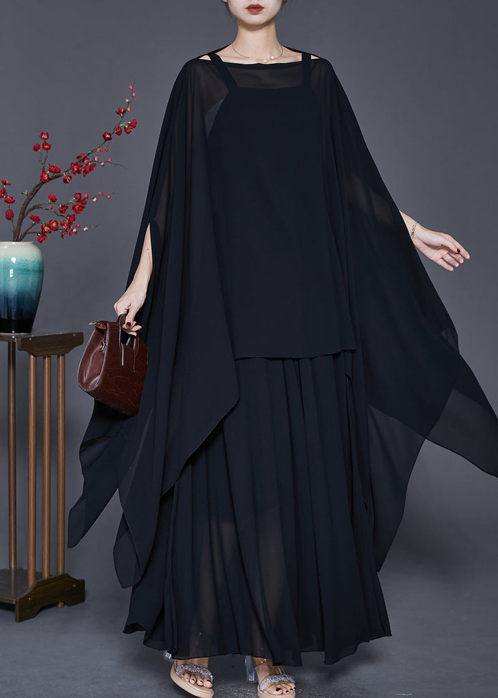 Black Loose Chiffon Two Piece Suit Set Asymmetrical Design Spring - Omychic