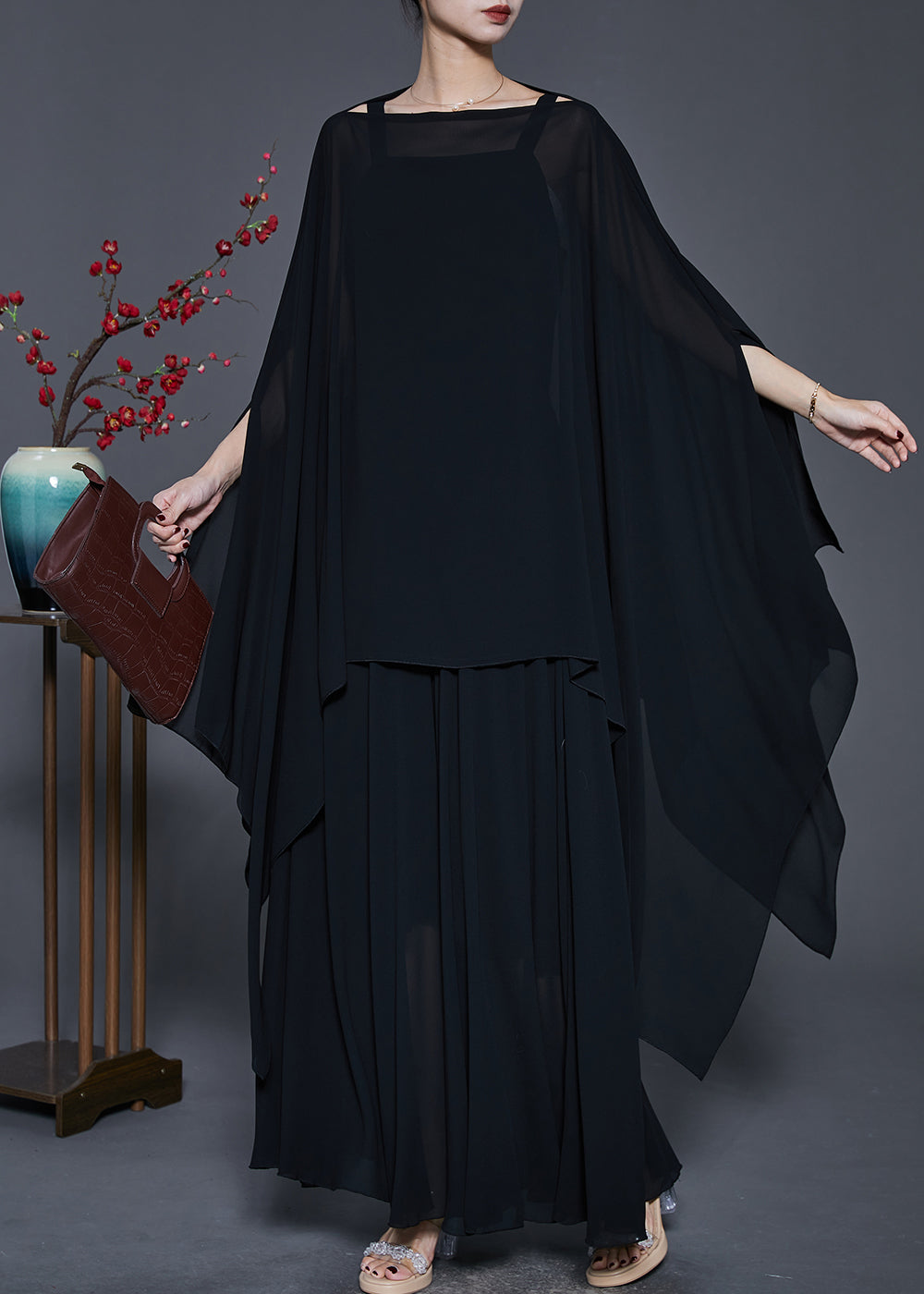 Black Loose Chiffon Two Piece Suit Set Asymmetrical Design Spring - Omychic