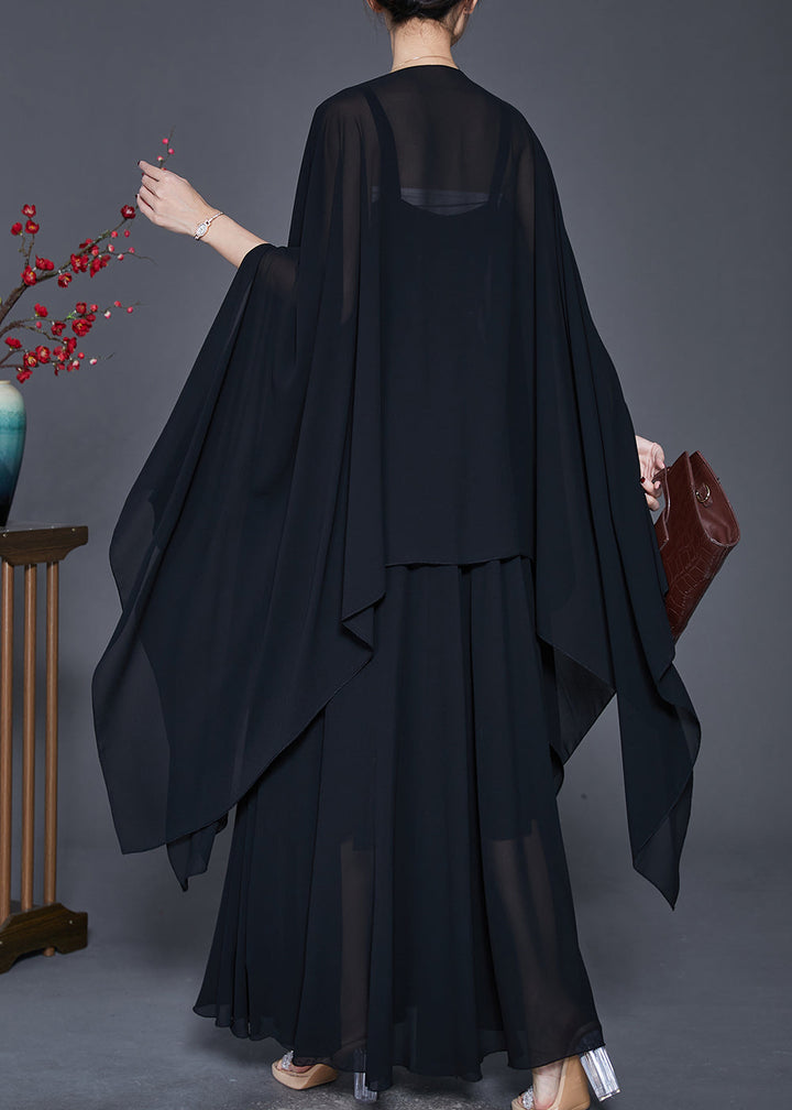 Black Loose Chiffon Two Piece Suit Set Asymmetrical Design Spring - Omychic