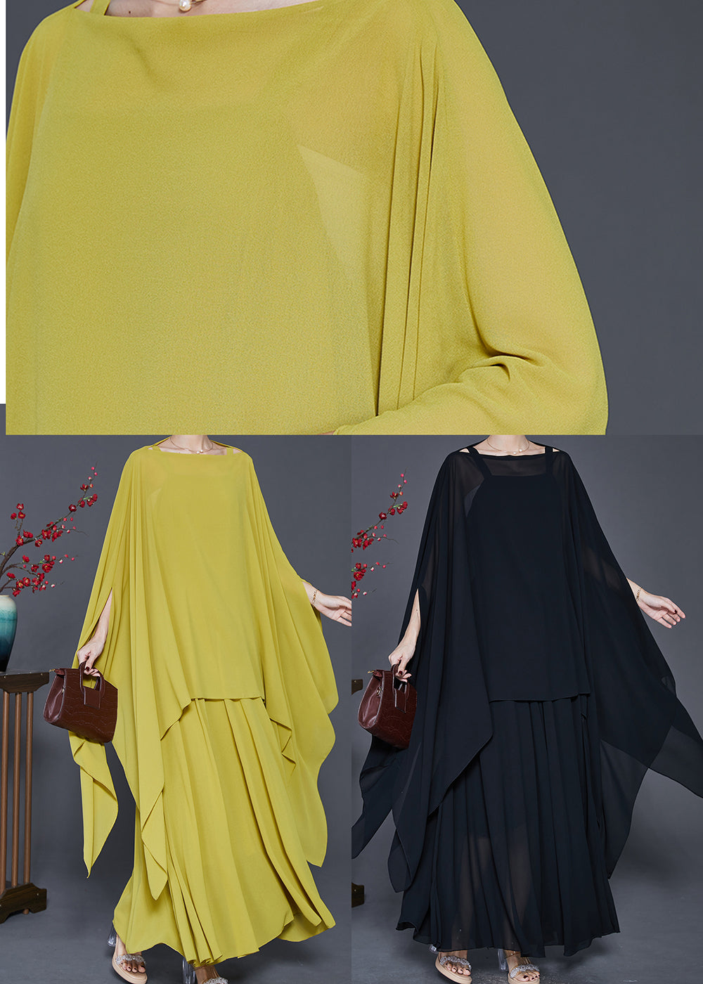 Black Loose Chiffon Two Piece Suit Set Asymmetrical Design Spring - Omychic