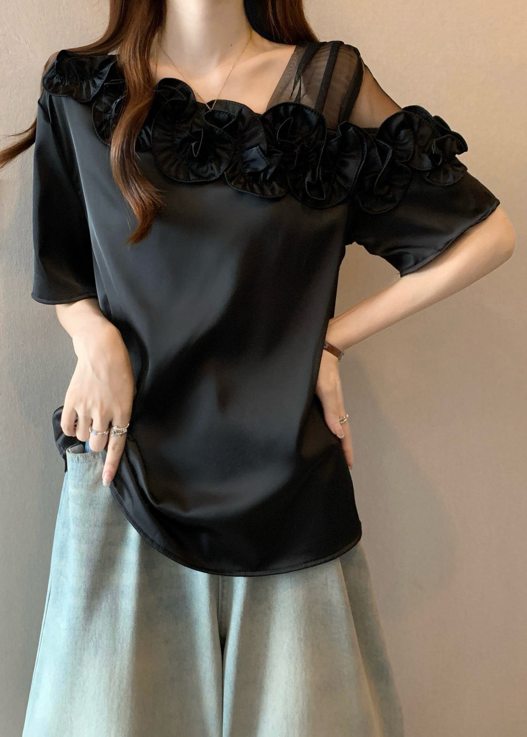 Black One Shoulder Shirt Ruffled Summer - Omychic