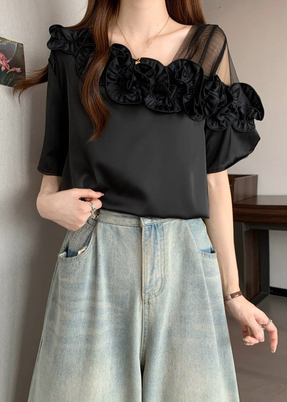 Black One Shoulder Shirt Ruffled Summer - Omychic