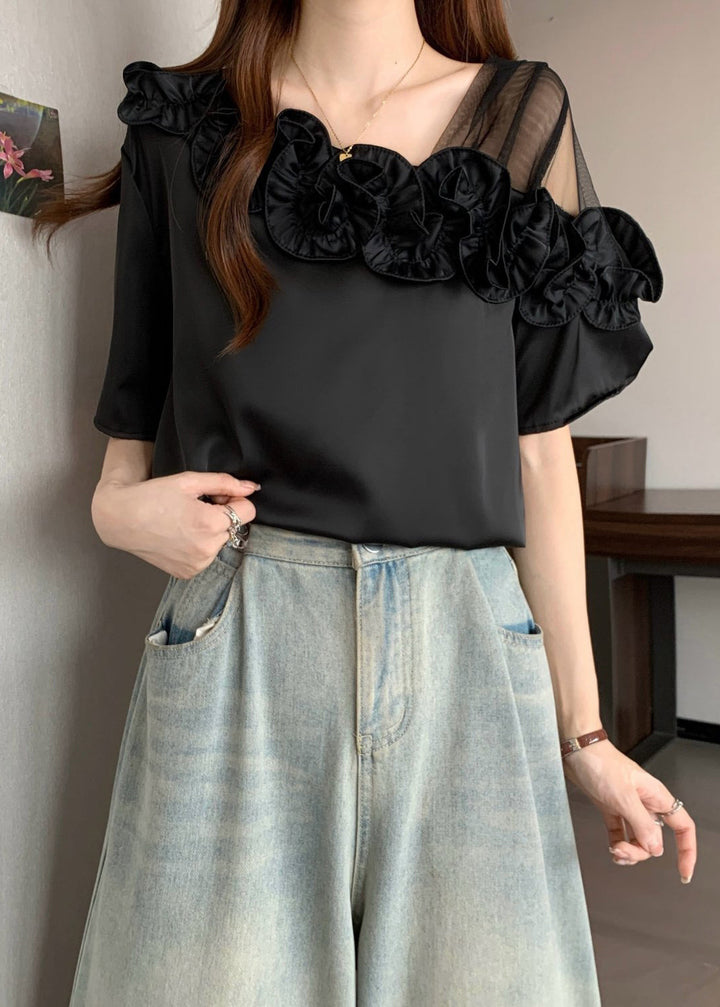 Black One Shoulder Shirt Ruffled Summer - Omychic