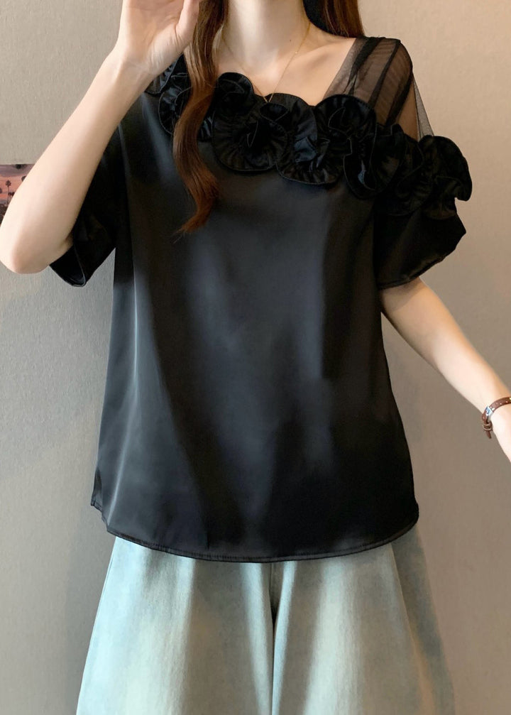 Black One Shoulder Shirt Ruffled Summer - Omychic