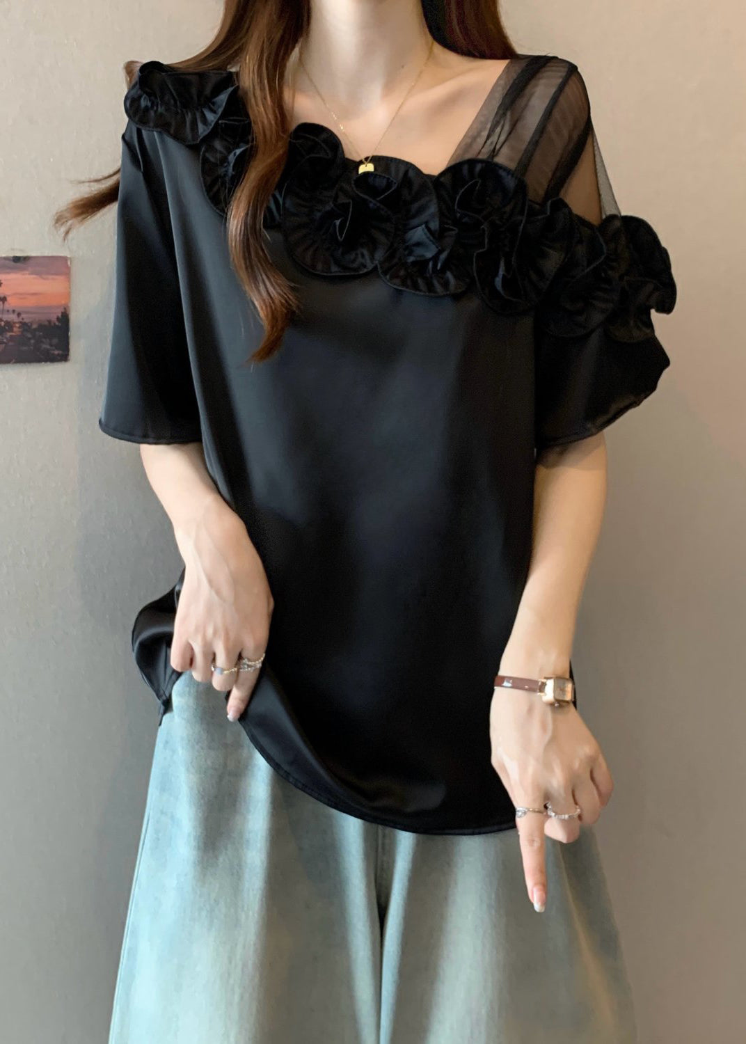 Black One Shoulder Shirt Ruffled Summer - Omychic