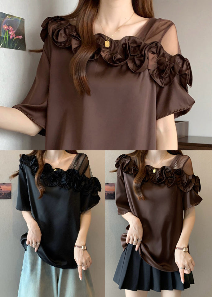 Black One Shoulder Shirt Ruffled Summer - Omychic