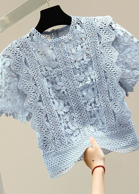 Blue Patchwork Lace Blouse Top O Neck Summer - Omychic